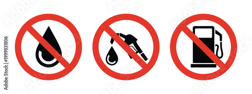 No fuel and no petrol pump vector icon set featuring prohibition symbols for gasoline, diesel, oil, and fuel station restriction signage design