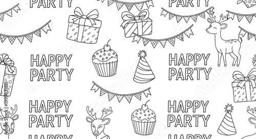 Seamless Pattern of Hand Drawn Birthday Party Celebration Elements.