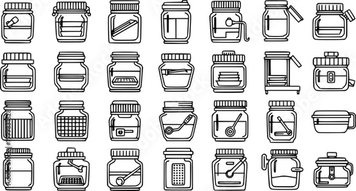 Black and White Line Art Icons of Jars and Containers, Food Storage and Packaging Symbols