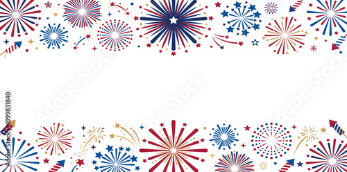Patriotic American Independence Day horizontal banner with fireworks rockets and stars border for July 4th celebration invitation card and announcement background vector.