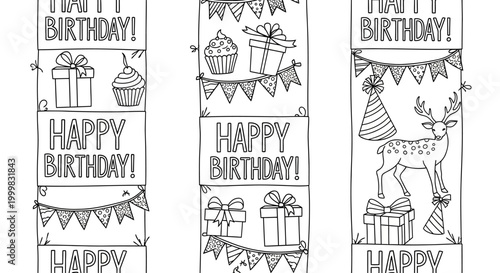 Set of three hand drawn happy birthday vertical bookmarks for coloring.