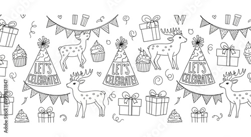 Seamless hand drawn celebration pattern with deer and party hats.