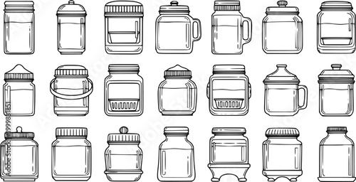 Black and White Line Art Collection of Various Glass Jars and Bottles