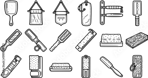 Black and White Line Art Icons Set of Household, Cleaning, Personal Care  Tool Doodles. Hand-Drawn Illustrations for Everyday Objects like Brushes, Sponges, Mirror, and Accessories.
