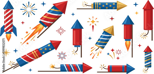 Patriotic Fourth of July fireworks rocket set with red white and blue stars and stripes for Independence Day celebration pyrotechnic display icons vector.