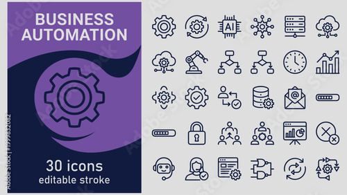 Collection of business automation process icons representing technology and efficiency in a clean line art style with editable stroke