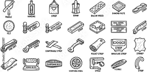 Black  White Line Art Icons: Stropping  Sharpening Tools for Blade Maintenance, Barbering, and Crafts