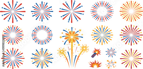 Patriotic red white and blue fireworks set for July 4th Independence Day celebration stars and stripes firework burst icons vector collection.