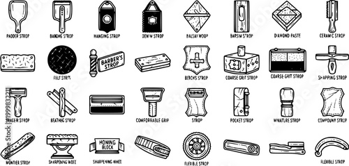 Black and White Line Art Icons of Barber Tools and Sharpening Equipment
