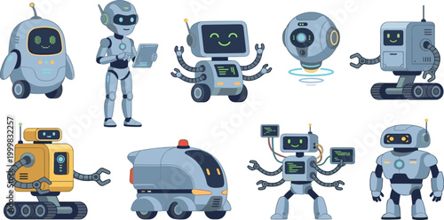 Set of cute cartoon robot characters featuring friendly AI droids autonomous vehicles and data processing bots for futuristic technology education and digital science vector.