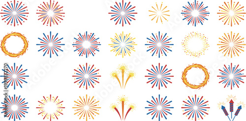 Patriotic red white blue fireworks burst set for July 4th Independence Day celebration and festive pyrotechnic display icons holiday vector.