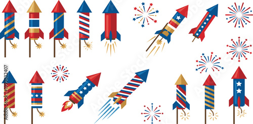 Set of patriotic American Independence Day fireworks rocket icons with red white blue stars and stripes for July 4th celebration festive pyrotechnic display and holiday event design vecto