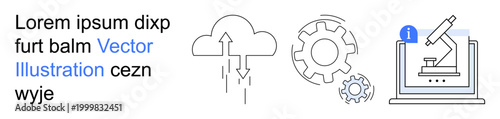 Cloud computing, data science, system optimization, innovation, research, technical services. Line icons of a cloud, gears and a microscope. Cloud computing and research concept