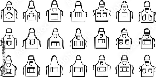 Black and White Line Art of Various Aprons with Pockets, Food and Cooking Industry Icons