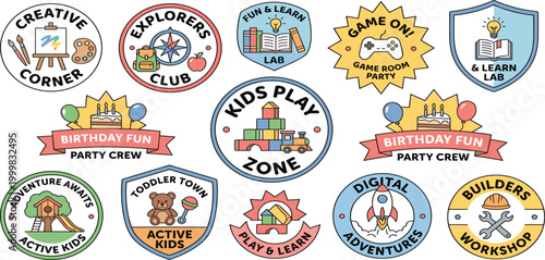 Set of cute kids badges and labels for education play zone and birthday party featuring creative learning club and workshop activities symbols vector.