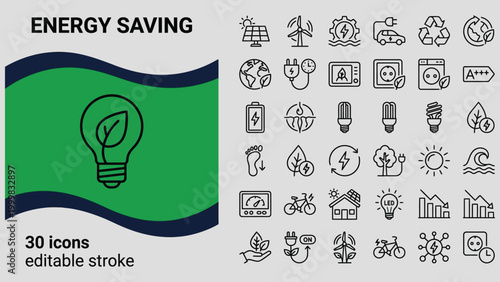 Collection of energy saving icons with a lightbulb leaf symbol representing sustainable electricity and renewable power sources for environmental protection
