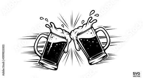 Φωτογραφία Cheers Beer Mugs Clinking Together with Splashing Foam, Black and White Vector I