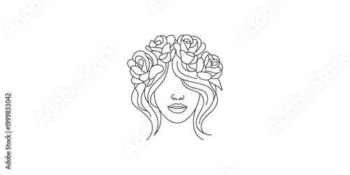 A minimalist line drawing of a womans face with flowers in her hair on white background