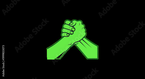 Green Arm Wrestling Silhouette on Black Background, Symbol of Strength and Competition