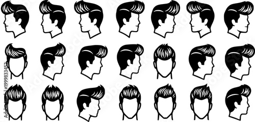 Men's Hairstyles Vector Icons: Classic Pompadour Haircuts in Black and White Silhouette Style for Grooming and Barbershop Design