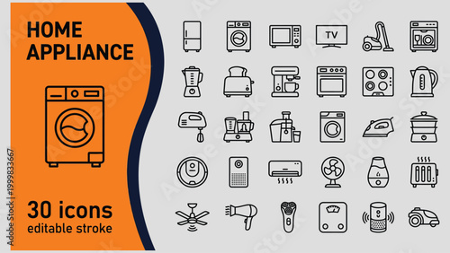 Collection of line art icons representing various home appliances for modern living and household tasks