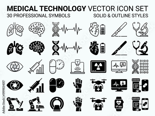 Medical Technology Vector Icon Set - 30 Professional Symbols for Healthcare Innovation, Biotech, Telemedicine, and Digital Health - Solid and Outline Styles