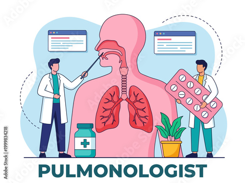 Pulmonology medical concept illustration with doctors examining human respiratory system and lungs for healthcare and respiratory health treatment.