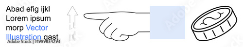Direction, finance, decision-making, navigation, guidance, economy. Hand pointing, upward arrow coin and text. Direction and finance decision-making and economic concepts