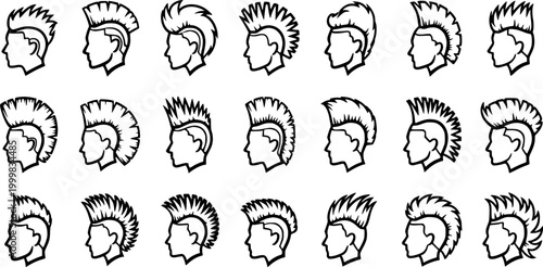 Black and White Line Art Vector Icons of Punk Rock and Mohawk Hairstyles. Collection of Diverse Subculture Haircuts for Fashion, Music, and Youth Culture.