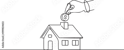 Line drawing of a hand putting a coin on a house roof