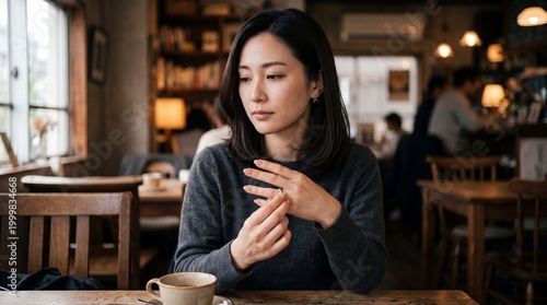 A pensive moment in a cozy café setting, a young woman lost in contemplation, fingers gently intertwined and the subdued ambience that fosters reflection.