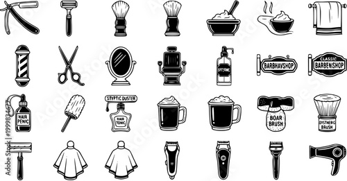 Barbershop and Barber Grooming Tools Black and White Line Art Icons Set. Hairdressing Equipment  Symbols Vector Collection.