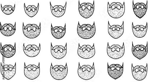 Diverse Black and White Line Art Hand-drawn Beard and Mustache Styles Vector Set for Men's Grooming, Barbershop, and Fashion Design.
