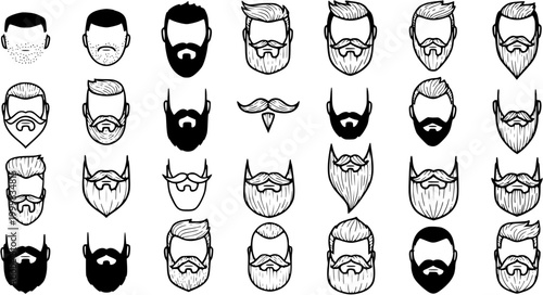 Black and White Line Art Collection of Diverse Beard Styles for Men's Grooming