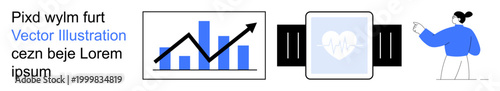 Business data analysis, wearable tech, fitness tracking, user engagement, healthcare monitoring, growth trends. A bar chart with an upward arrow, smartwatch with heart icon person pointing. Data