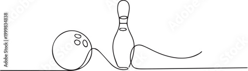 Continuous line drawing of bowling ball and pin on white background