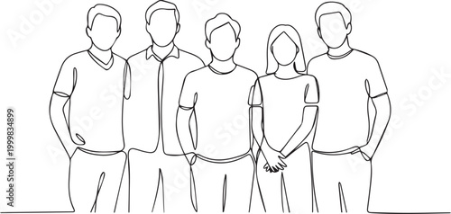 Continuous line drawing of a diverse group of five people standing together