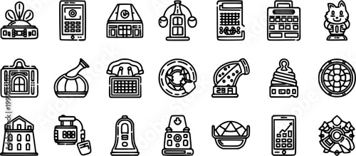 Black and white line art icons representing technology, finance, and architectural elements