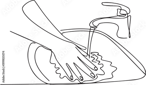Continuous line drawing of a hand washing under a faucet