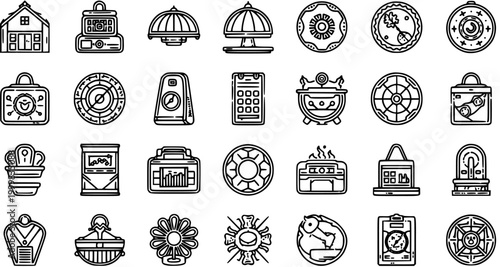 Outline Icons Set: Diverse Black  White Line Art Symbols for Lifestyle, Home, Technology, and Everyday Objects