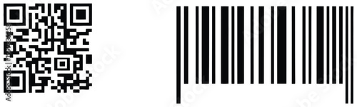 QR code and barcode icon vector illustration showing scannable QR pattern, linear barcode design, product tag concept, price label, SKU identification, and digital data encoding symbols