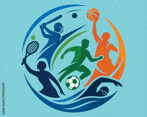 Dynamic Multi Sport Athlete Silhouette Collection Featuring Soccer, Basketball, Tennis, Cricket, Swimming, and Running Icons for Fitness Branding, Tournament Posters, and Athletic Graphic DesignsDynam