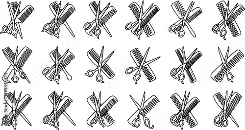 Black and White Line Art Barber and Hairdressing Salon Icons Set with Crossed Scissors and Combs Vector Illustrations