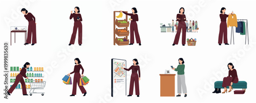 Diverse Shopping Scenarios Depicting a Woman Engaged in Various Consumer Activities and Retail Environments