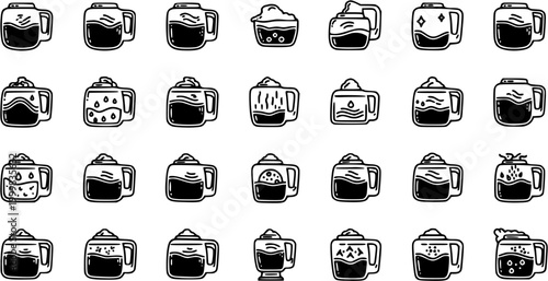 Coffee  Hot Beverages Line Art Glyph Icons Set. Black and White Hand-drawn Mugs and Cups Collection for Cafe Menu, Barista, Tea, and Restaurant Design.