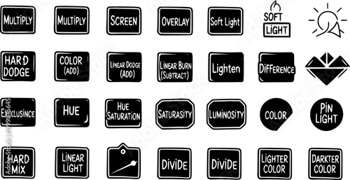 Digital Graphic Design Software Blend Modes Icon Set. Image Editing Layer Modes Glyphs. Black and White Line Art Doodle Icons.