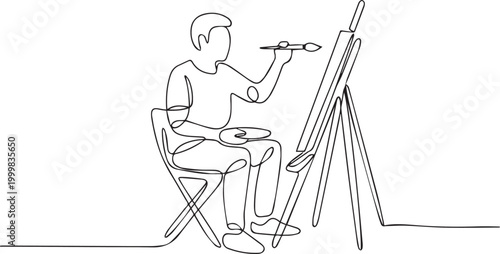 Continuous line drawing of a man painting on an easel isolated on white background