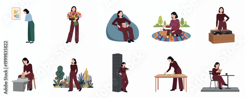 Diverse Woman Lifestyle Activities Modern Flat Design Collection of Isolated Illustrations
