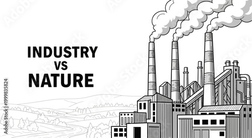 Black and white hand drawn sketch illustration of a factory with smoke emitting from tall chimneys.