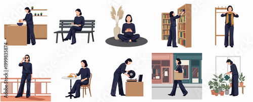 Diverse Daily Life Activities of a Woman in Various Settings and Poses Flat Design Illustration
